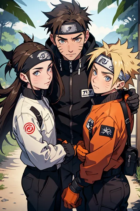 Three European friends (two boys and one girl), everyone with with messy straight brown hair, Handsomer, High quality picture, With Naruto headband With air symbol, everyone wearing black jackets, 4K, in nature, both eyes clear, wearing gloves