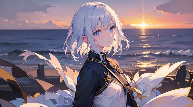 Cute woman under drizzle, (Elegant, Nice face), Transparent black high school uniform, Beach at sunset, (freckle:0.8), pay, , Blue flowing hair, Magical atmosphere, (Short hair details), ((delicate skin, skin texture)), ultra - detailed, (intricately detai...