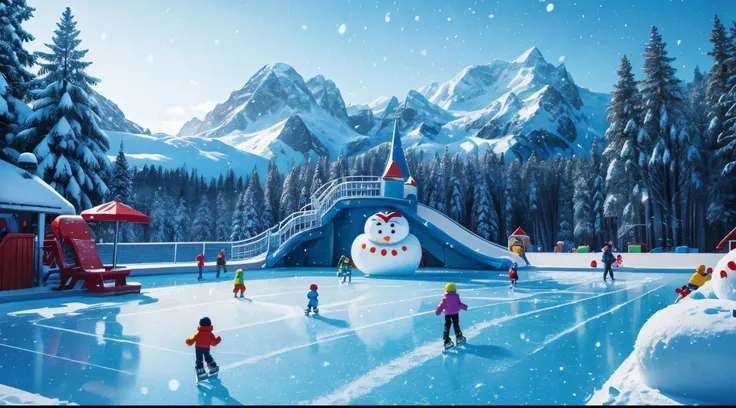 bright, (cartoon style:1.2), a landscape of winter ice slides, ice skating rink, falling snow, snowmans, sled, pixar, disney, detailed, intricate, contrust