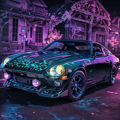 (Best Quality), (((Black Light Art))),(((nissan fairladyｚ))), (car painted with black light) High quality, black landscape, Flowing light, Professional Lighting, Photon mapping, Physically Based Rendering,