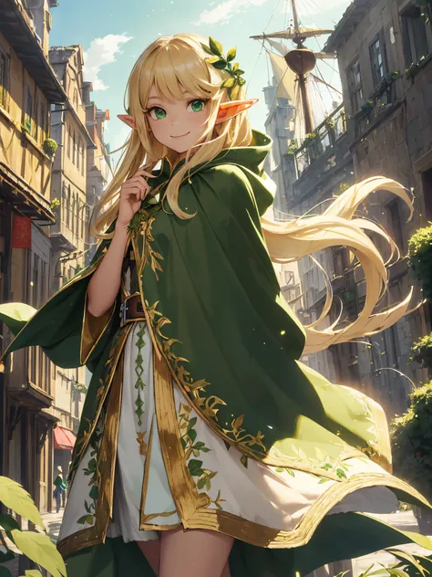 (((Masterpiece, highest quality, high definition, high detail)))), ((((Fantasy))), (((((one Elf young girl)))), ( skirt white with gold embroidery), (blonde long straight hair), (glossy dark green eyes), (green surcoat embroidered with gold), big, (street ...