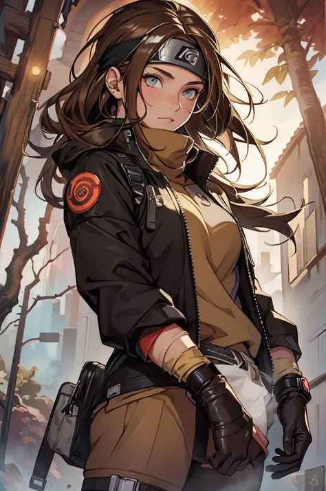 A European looking girl with messy straight brown hair, named Mira1, Handsomer, High quality picture, With Naruto headband With air symbol, wearing black jacket, 4K, in nature, both eyes clear, wearing gloves