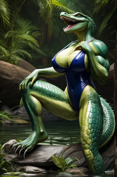 "Create a photorealistic 8K artwork showcasing a solo woman transformed into an anthro crocodile creature. Emphasize high detail and quality for a captivating and realistic portrayal.

The woman should have sharp teeth, reflecting her crocodile transformat...