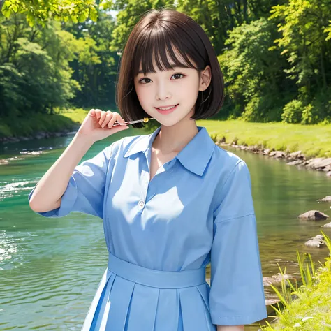 (top-quality、​masterpiece:1.2)、Best Quality、realisitic、photoshot、hight resolution、1080p、8K、Textured skin、Physical Rendering、One Junior High School Girl、校服、A smile、bob cuts、Particles of light、夏天、flute、a river、the woods、blue-sky、I have a bag