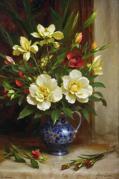 Bouquet of flowers close up , stands in a vase on the table..,  Irises, Peonies, victorian style, ((style Johan Lorenz Jensen)) , Anna Cotterill, Bennett Oates ,Cecil Kennedy, Dutch painting, soft light, Darkened background,lush bouquet , floral still life...