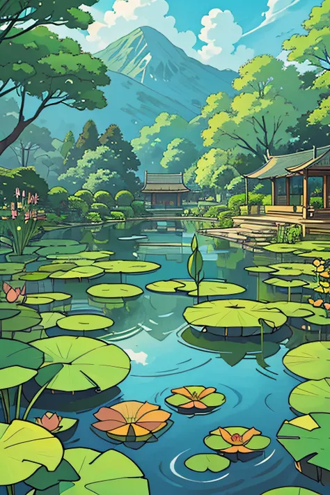 fish pond，lotus leaves, Faraway view，Natural scenery，Skysky  #Anime #style #Cartoon