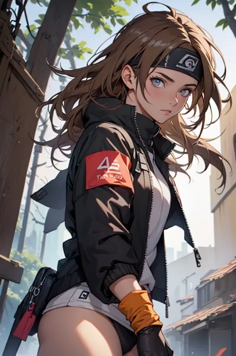 A European looking girl with messy straight brown hair, named Mira1, Handsomer, High quality picture, With Naruto headband With air symbol, wearing black jacket, 4K, in nature, both eyes clear, wearing gloves