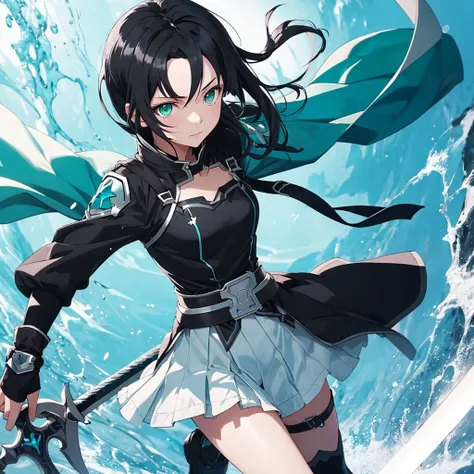 1 girl Wearing Black hair green eyes black cyan clothes and with silver Spear as weapon with Sword art Online styles