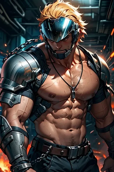 1boy, muscular man with bare chest and big muscles, sci-fi armor, sci-fi helmet, chains, explosion background, sweating heavily, musculature, necklace