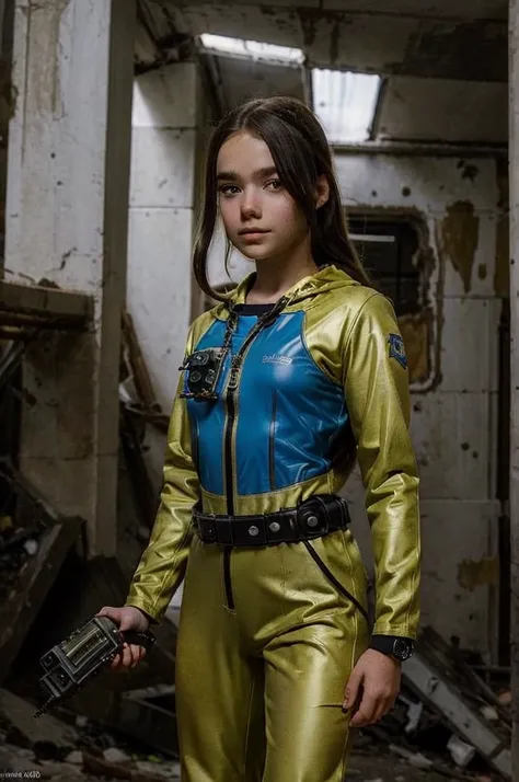 13 year old girl wearing (vaultsuit with pipboy3000 on wrist) standing in a ruined city, holding a large fallout weapon, giant s...