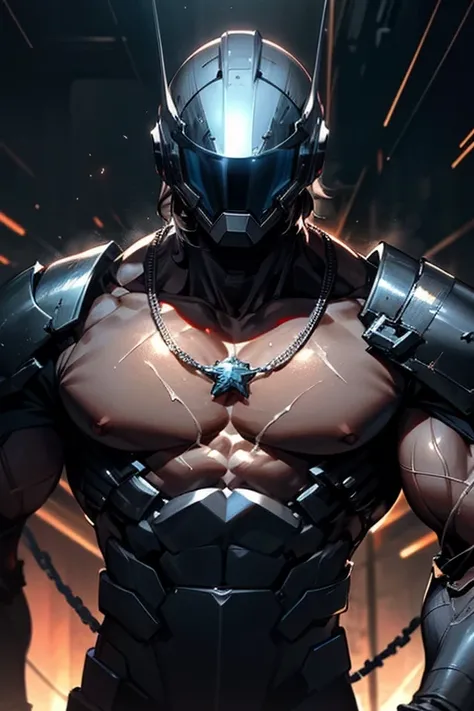 1boy, muscular man with bare chest and big muscles, sci-fi armor, sci-fi helmet, chains, abstract explosion background, sweating heavily, musculature, necklace,