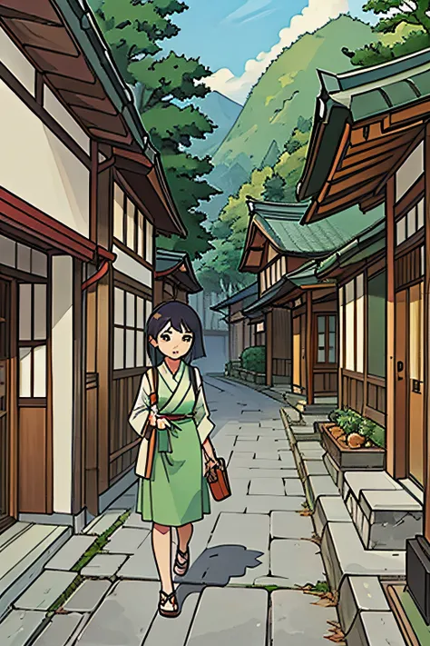 front view, Natural scenery, green, japanese traditional style street, shopping #Anime #style #Cartoon