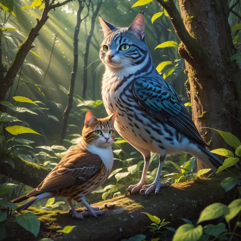 (best quality, highres, ultra-detailed:1.2), realistic, studio lighting, vivid colors, bird with cat head, [detailed background], cool, in the forest