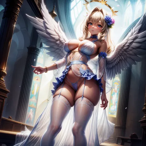 （8K ，hyper-detailing，ultra real photo，Best masterpiece，natural，Perfect artwork，Perfect female body），Cute busty girl ，Hair color，（Big tits），Angelic，obsessed，the angels wings，The halo，Beautiful church，beautiful rain of petals，Gorgeous accessories，golden bril...