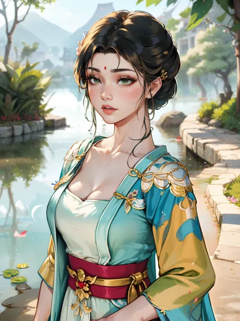 there is a woman in a green dress laying on a lily covered pond, by Yang J, artwork in the style of guweiz, by Zeng Jing, guweiz on pixiv artstation, guweiz, guweiz on artstation pixiv, palace ， a girl in hanfu, by Li Song, beautiful digital artwork, by Ch...