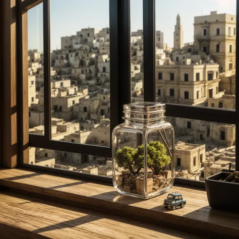 the whole city of matera tucked inside a square glass jar with lid, placing on the windowsill, extremely detailed, 8K, apocalyptic punk style, miniatures, macro photography in close-up