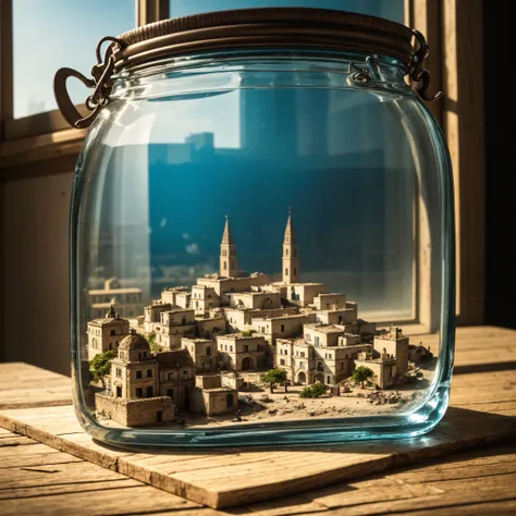 the whole city of matera tucked inside a square glass jar with lid, placing on the windowsill, extremely detailed, 8K, apocalyptic punk style, miniatures, macro photography in close-up