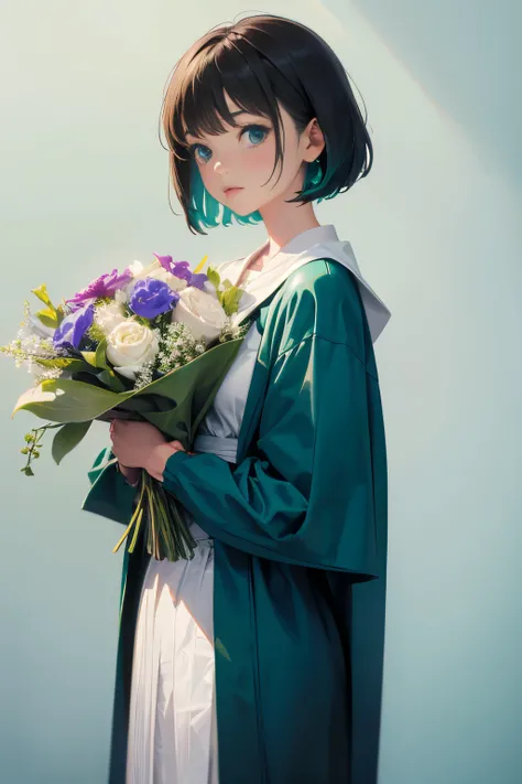 A woman standing in front of a white wall with a bouquet of flowers, With short hair, lofi-girl, with ivy, with teal clothes, with flowers, low quality photograph, with cape, Green clothes, Photo Shot, smooth in _ Background with, lofi girl aesthetic, 🤤 gi...