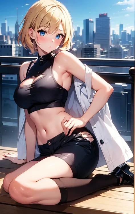 An ultra-high picture quality,2D Anime Style、Beautiful blue eyes,(Talented lo-fi:1.3),breasts are slightly larger、short blond hair,Crisp look,Cool adult woman,red blush,Fashion style that exposes the stomach,Black tops,shortpants,Wear a long black coat,Bea...