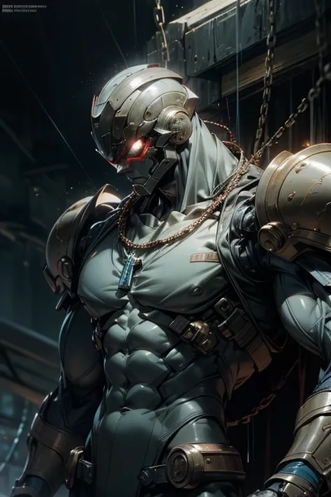 1boy, muscular man with bare chest and big muscles, science fiction armor, science fiction helmet, chains, abstract explosion background, sweating heavily, musculature, necklace, raining