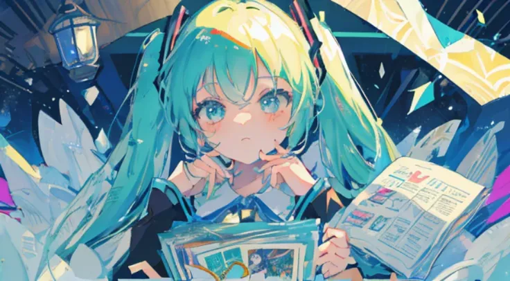 hatsune miku，Detailed Face, Light vintage color,planar, RISO Print Style,illustartion,Adols,Leave empty space,Low saturation,Individually organized，hight resolution, comic book character, comic, high quality detailed, style of ::2.0 comix illustration styl...