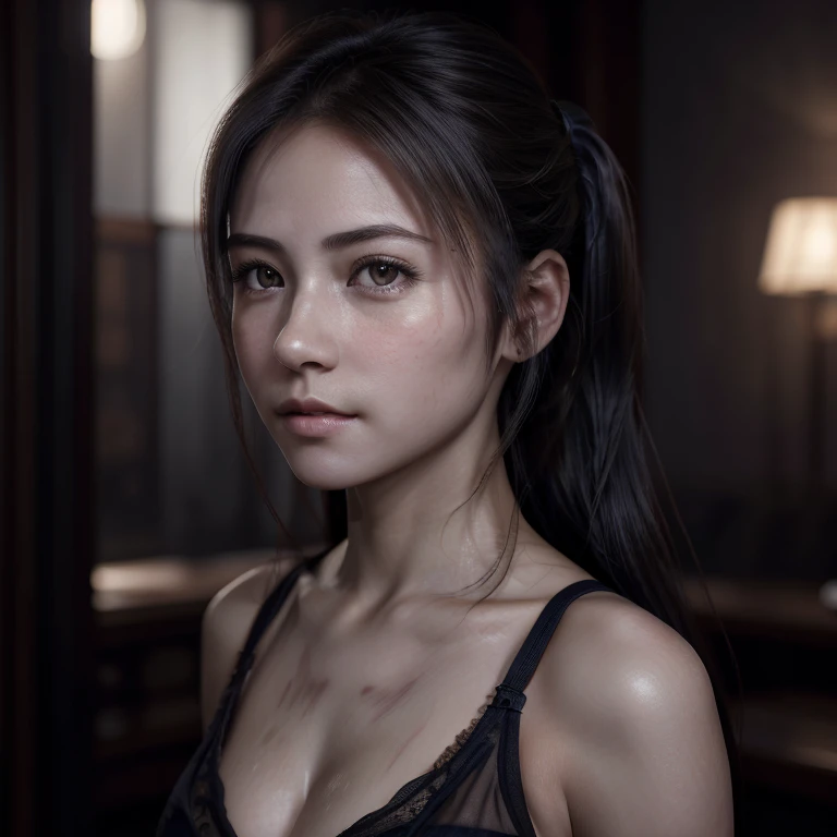 8K, of the highest quality, masutepiece:1.2), (Realistic, Photorealsitic:1.37), of the highest quality, masutepiece, Beautiful young woman, Pensive expression, Thoughtful look, sexy lingerie、Hair tied back, Messy mood, Cinematic background, Tired, Light sk...