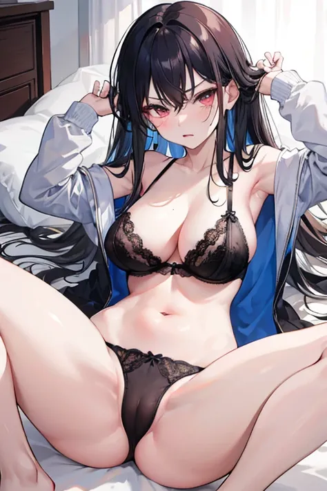 bra very、tits out、on the bed、A dark-haired、girl with、Aggressive face、Falachio、sprawl、Ecchi、Prone、Aimei