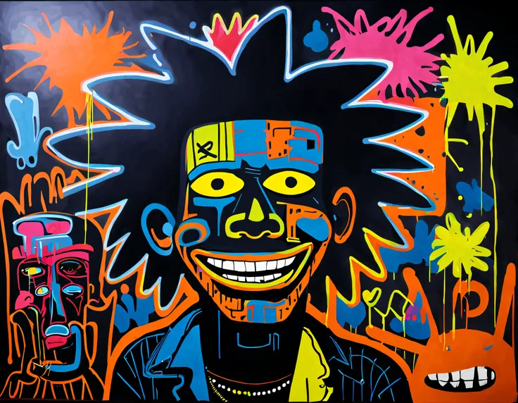 （Black light art） ，with black background，（graffiti wall），Jean-Michel Basquiat style,