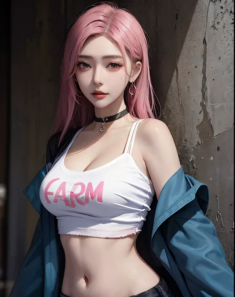 (Masterpiece, Best Quality, 1girl, 独奏, intricate details, chromatic aberration), Realistic, ((Middle Breath)),Long hair, pink hair, Decoration on the red head, Pink highlights, hair above one eye,violet eyes, earings, sharp eyes, Choker, neon shirt, open j...