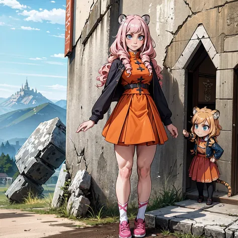 little girl, tiger ears, tiger tails, martial art, medium chest, pink hair, skirt, jacket, godess,1girl,coat,walking, solo focus.1character, holy catholic mountain, smile, large skirt, long skirt, pullover, background ruins