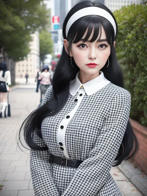 Ultra-realistic 8K CG, Picture-perfect face, "２０An old woman、with black hair６０&#39;s retro hair style、white hairband、６０era retro fashion、Houndstooth６０eras suits、white  boots、Standing