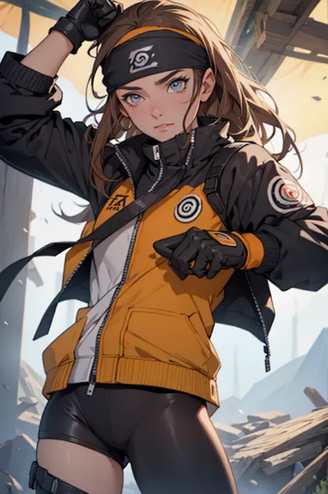 A European looking girl with messy straight brown hair, named Mira1, Handsomer, High quality picture, With Naruto headband With air symbol, wearing black jacket, 4K, in camp, both eyes clear, wearing gloves