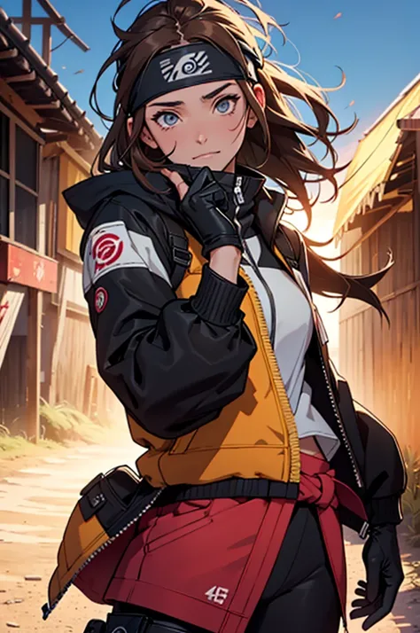 A European looking girl with messy straight brown hair, named Mira1, Handsomer, High quality picture, With Naruto headband With air symbol, wearing black jacket, 4K, in camp, both eyes clear, wearing gloves, jutsu hand sign