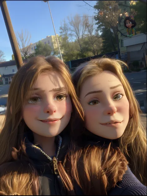 two girls are taking a selfie while standing on a street corner, beautiful girls, 📷 mungojerrie and rumpleteazer, two girls, 8k)), cute girls, very very low quality picture, by Niko Henrichon, beautiful faces, roomies, very very low quality, 💋 💄 👠 👗, cute ...