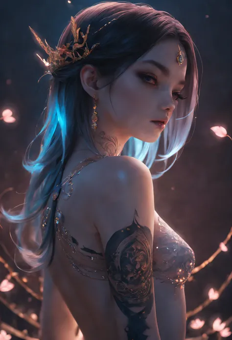 (extremely detaild的 CG unified 8k wallpapers),(tmasterpiece), (Best quality), (ultra - detailed), (Best Best Illustration),(Black light art)，etherealglow,(princess with glowing tattoo), (Sharp eyeliner, eye shadows, 詳細な目:1.1)。shadows  and highlights，subtle...