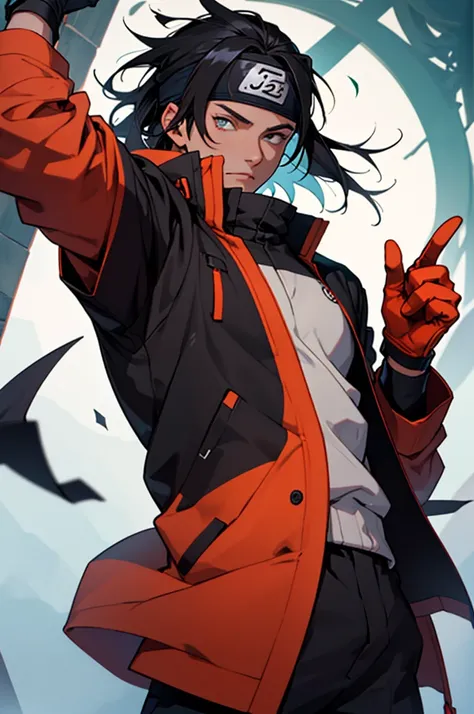 A European looking guy with messy straight black hair, named Ryo1, Handsomer, High quality picture, With Naruto headband With air symbol, wearing black jacket, 4K, in camp, both eyes clear, wearing gloves, jutsu hand sign