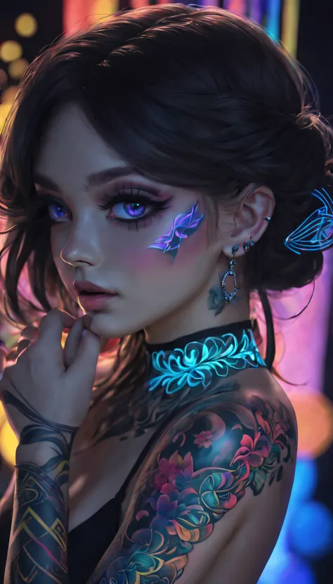 Black light art，Luminescent tattoo，A princess，intricate geometry, Colorful blur, neonlight,(Sharp eyeliner, eye shadows, 詳細な目:1.1)。shadows  and highlights，subtle reflections，charming body，dark temptation，The beauty of tattoos，sublime darkness，Enchanting fa...