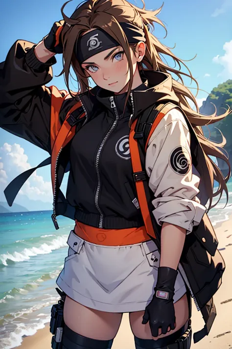 A European looking girl with messy straight brown hair, named Mira1, Handsomer, High quality picture, With Naruto headband With air symbol, wearing black jacket, 4K, on beach, both eyes clear, wearing gloves, jutsu hand sign