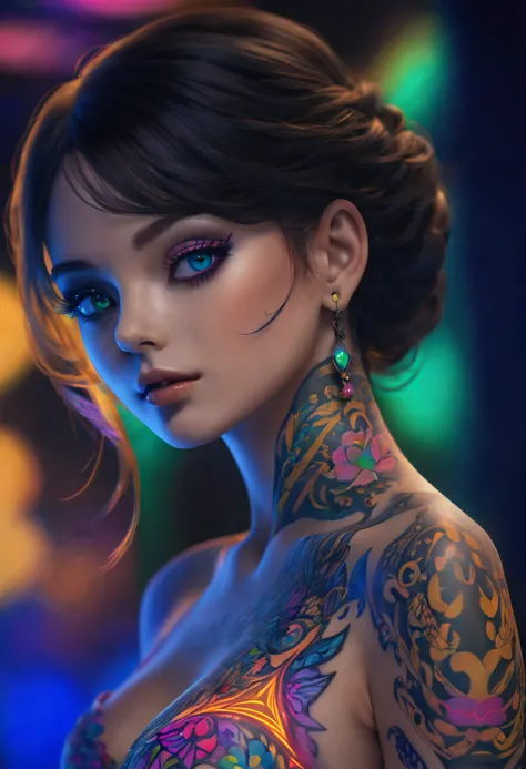 Black light art，Luminescent tattoo，A princess，intricate geometry, Colorful blur, (Sharp eyeliner, eye shadows, 詳細な目:1.1)。shadows  and highlights，subtle reflections，charming body，dark temptation，The beauty of tattoos，neonlight，Enchanting fantasy。(Best quali...