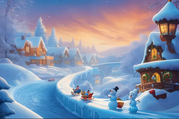 bright, cartoon style, a beautiful landscape of winter ice slides, ice skating rink, falling snow, sled, pixar, disney, detailed, masterpiece, intricate, contrust