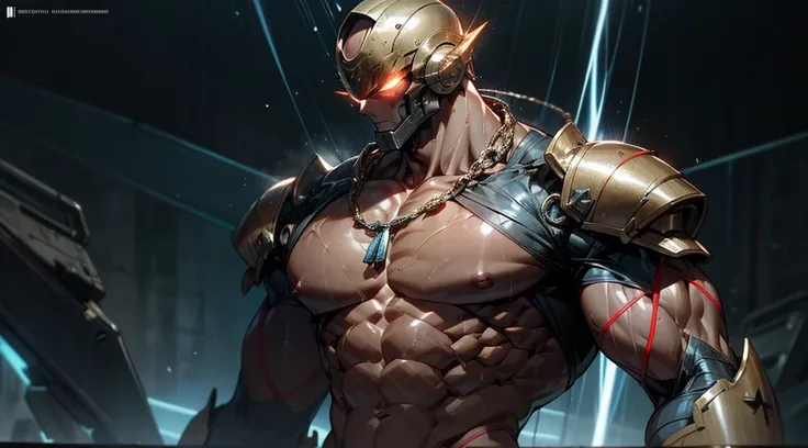 1boy, muscular fit man with ((bare chest)) and big muscles, science fiction armor, science fiction helmet, chains, abstract explosion background, sweating heavily, musculature, necklace, raining. Big pecs, washboard abs, tan skin or fair skin, sweating. Sk...