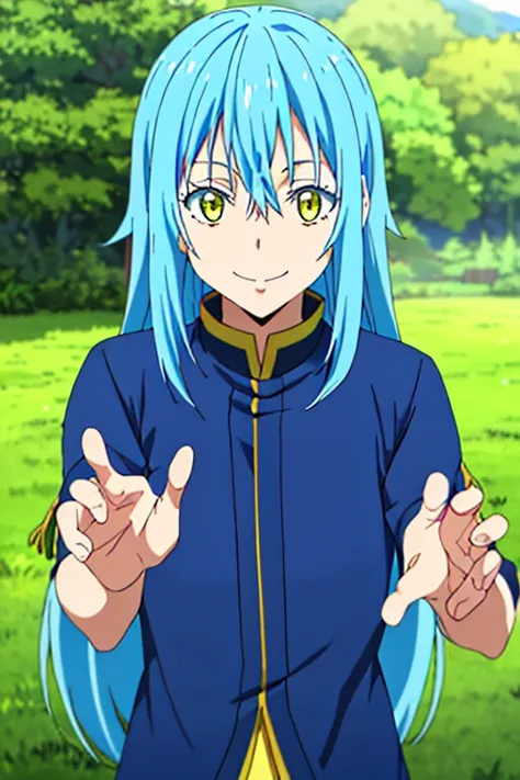 masutepiece, Best Quality, Game CG, 1boy, Solo, Male Focus, Looking at Viewer, Upper body, depth of fields, rimuru_Tempest, Blue hair, Yellow eyes, Long hair、a smile