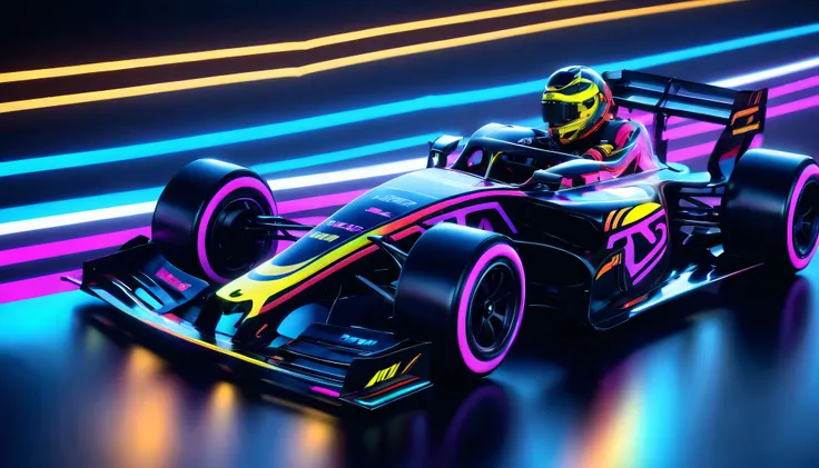 Black light art，Formula racing，neon stripes，intricate geometry, Colorful blur, abstract backgrounds。shadows  and highlights，subtle reflections，fluorescence，glowing，dark temptation，Enchanting fantasy。(Best quality at best,4K,8K,A high resolution,tmasterpiec...