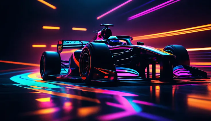 Black light art，Formula racing，neon stripes，intricate geometry, Colorful blur, abstract backgrounds。shadows  and highlights，subtle reflections，fluorescence，glowing，dark temptation，Enchanting fantasy。(Best quality at best,4K,8K,A high resolution,tmasterpiec...