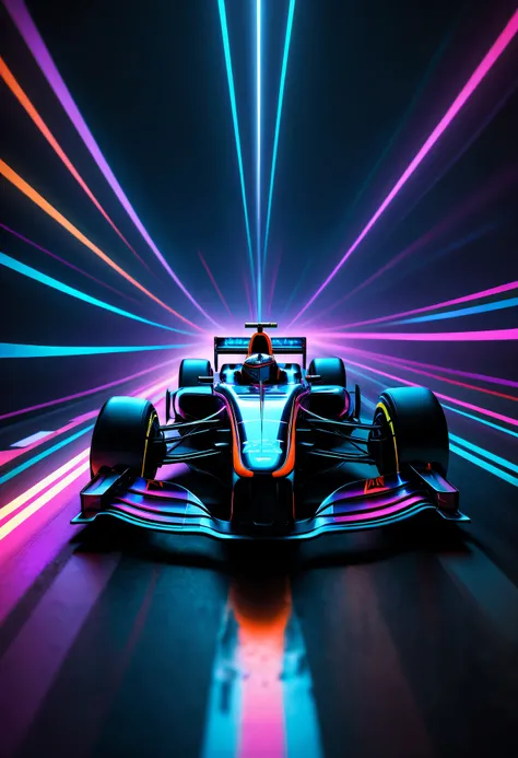 Black light art，Formula racing，neon stripes，intricate geometry, Colorful blur, abstract backgrounds。shadows  and highlights，subtle reflections，fluorescence，glowing，dark temptation，Enchanting fantasy。(Best quality at best,4K,8K,A high resolution,tmasterpiec...