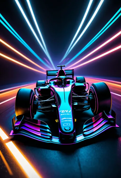 Black light art，Formula racing，neon stripes，intricate geometry, Colorful blur, abstract backgrounds。shadows  and highlights，subtle reflections，fluorescence，glowing，dark temptation，Enchanting fantasy。(Best quality at best,4K,8K,A high resolution,tmasterpiec...