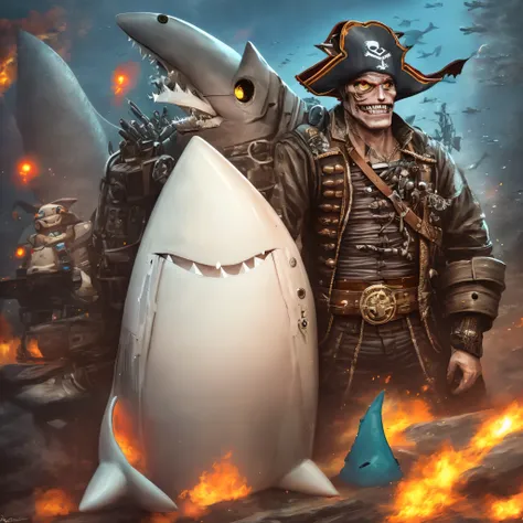 Evil American pirate robot with shark guns