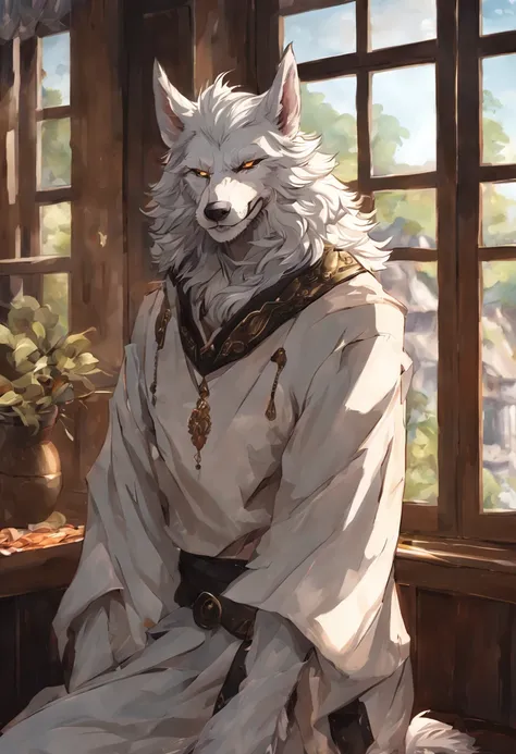 (higher resolution, distinct_image) The best quality, a man, white werewolf, masterpiece, highly detailed, anime style, nekojishi style, arknights, 70 years old, beautiful, old, handsome, medieval clothing, collar on neck, interior, window, wake up, mornin...