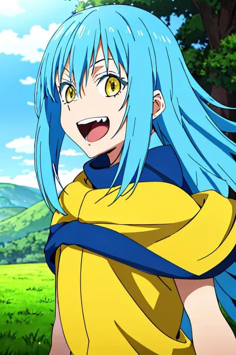 masutepiece, Best Quality, Game CG, 1boy, Solo, Male Focus, Looking at Viewer, Upper body, depth of fields, rimuru_Tempest, Blue hair, Yellow eyes, Long hair、great laughter、teeth showing