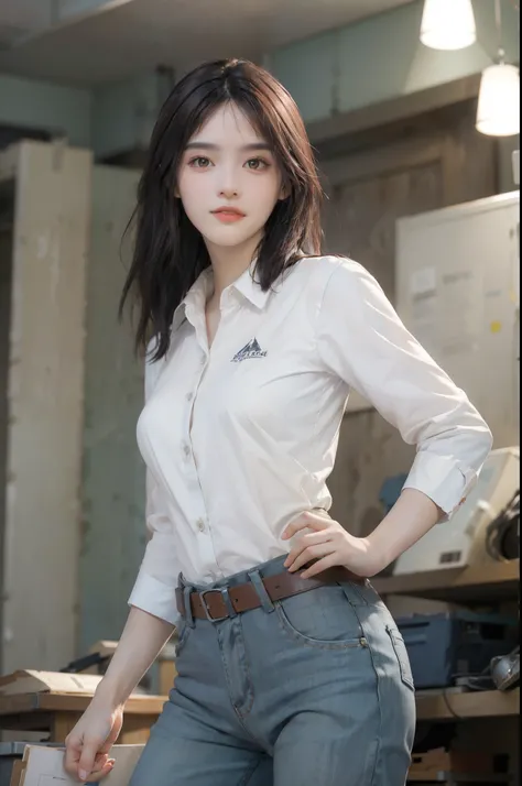 Top Quality, Masterpiece, (Photorealistic: 1.4), 1 girl, light smile, collared shirt, from waist up, dramatic lighting, from below, long, dark hair, attractive appearance, archaeologist, archaeologist-like background&#39;s lab